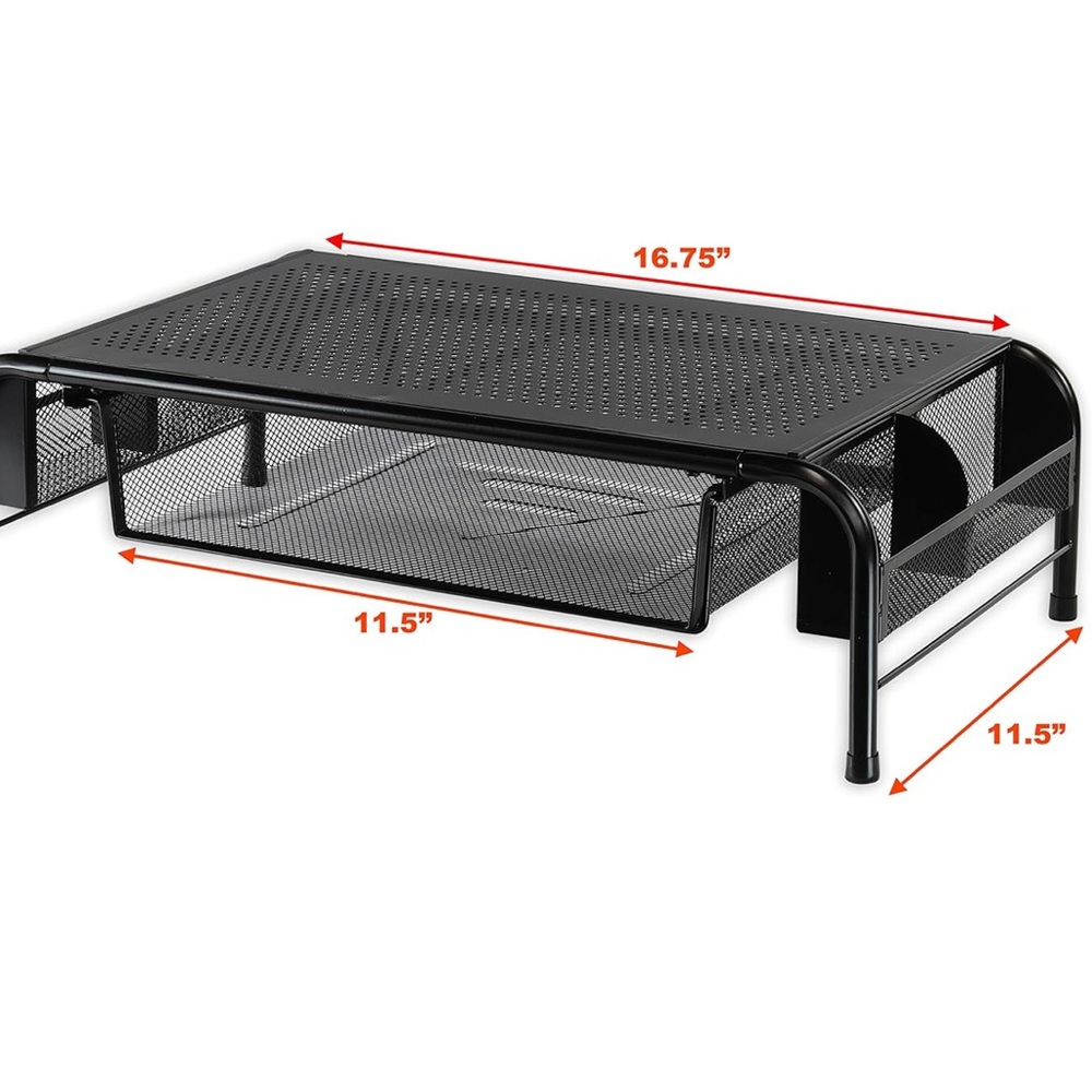 Black Metal Monitor Computer Stand with Drawer and Storage